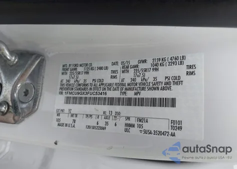 2015 Ford Escape Se из США, поврежденный, VIN 1FMCU9GX3FUC53416